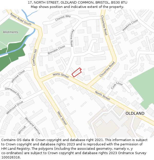 17, NORTH STREET, OLDLAND COMMON, BRISTOL, BS30 8TU: Location map and indicative extent of plot