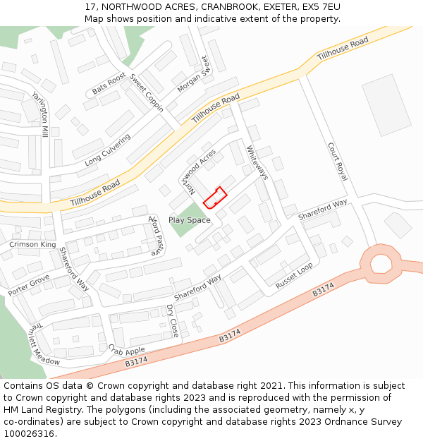 17, NORTHWOOD ACRES, CRANBROOK, EXETER, EX5 7EU: Location map and indicative extent of plot