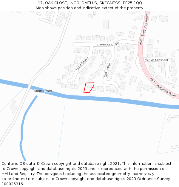17, OAK CLOSE, INGOLDMELLS, SKEGNESS, PE25 1QQ: Location map and indicative extent of plot