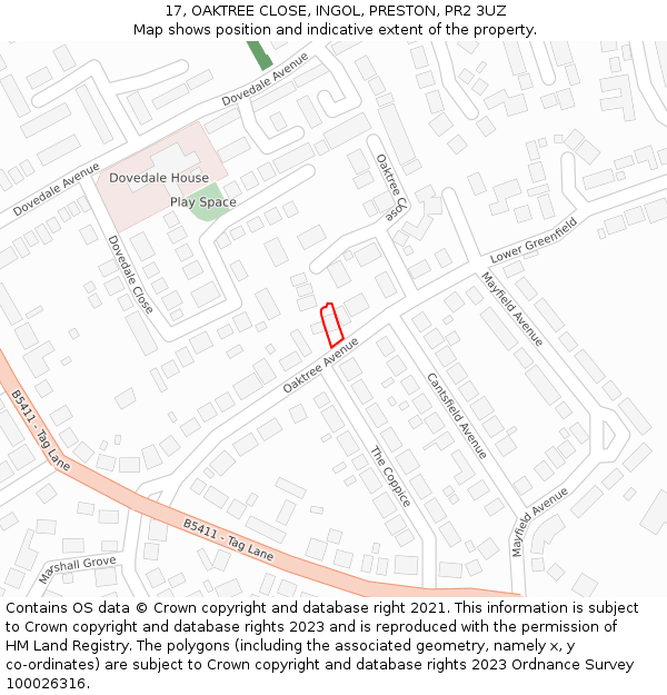 17, OAKTREE CLOSE, INGOL, PRESTON, PR2 3UZ: Location map and indicative extent of plot