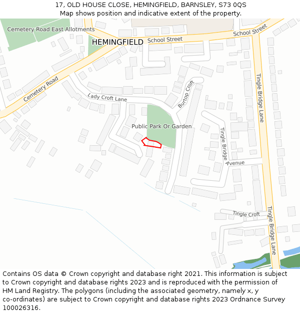 17, OLD HOUSE CLOSE, HEMINGFIELD, BARNSLEY, S73 0QS: Location map and indicative extent of plot