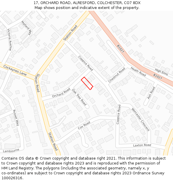17, ORCHARD ROAD, ALRESFORD, COLCHESTER, CO7 8DX: Location map and indicative extent of plot
