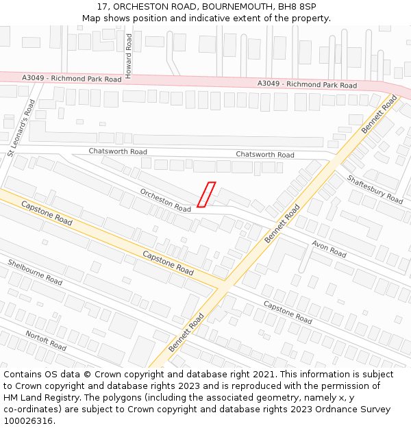 17, ORCHESTON ROAD, BOURNEMOUTH, BH8 8SP: Location map and indicative extent of plot