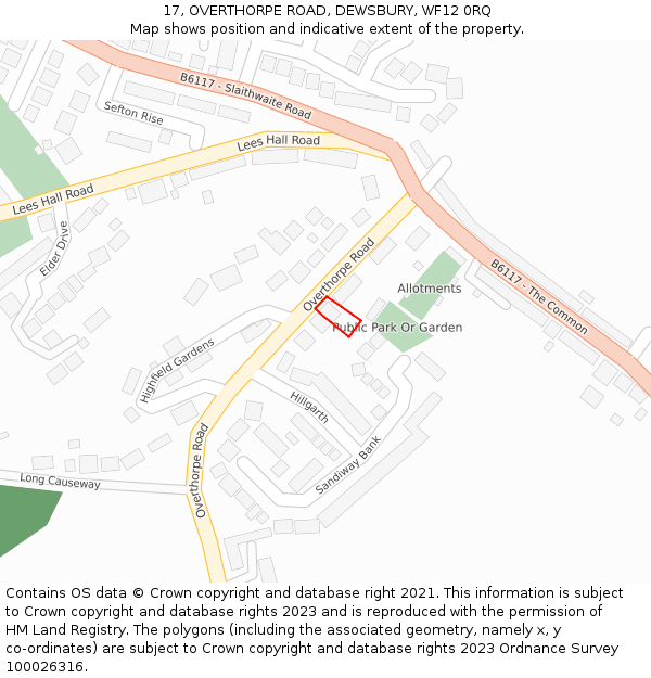 17, OVERTHORPE ROAD, DEWSBURY, WF12 0RQ: Location map and indicative extent of plot