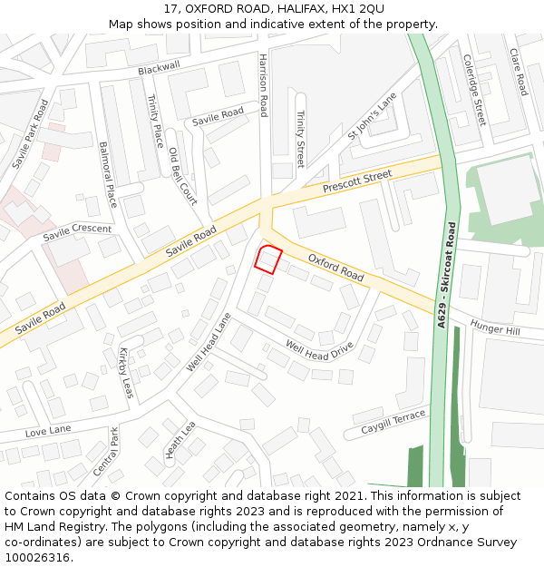 17, OXFORD ROAD, HALIFAX, HX1 2QU: Location map and indicative extent of plot