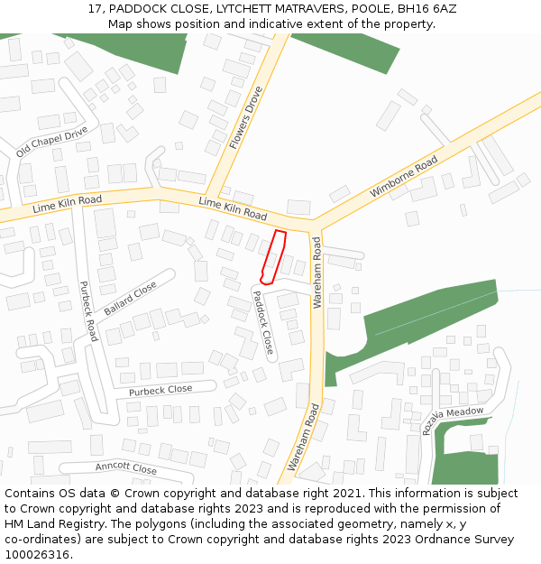 17, PADDOCK CLOSE, LYTCHETT MATRAVERS, POOLE, BH16 6AZ: Location map and indicative extent of plot