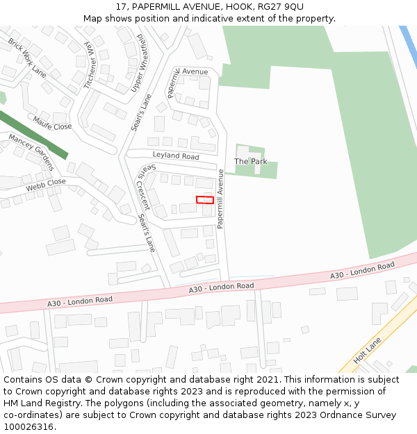 17, PAPERMILL AVENUE, HOOK, RG27 9QU: Location map and indicative extent of plot