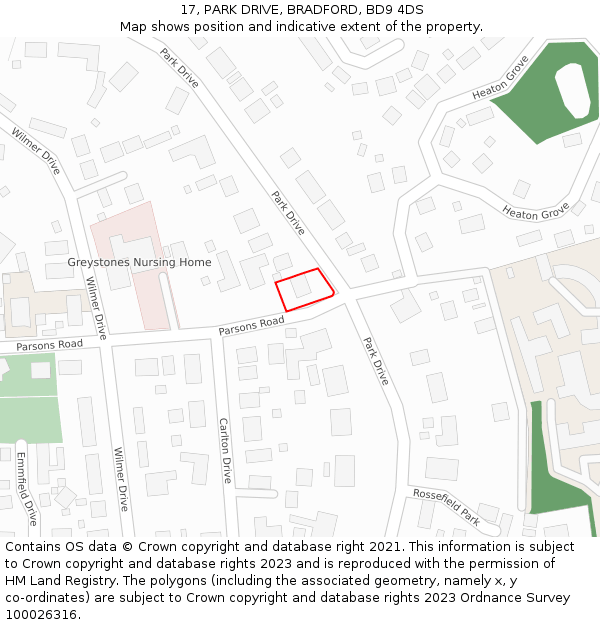 17, PARK DRIVE, BRADFORD, BD9 4DS: Location map and indicative extent of plot