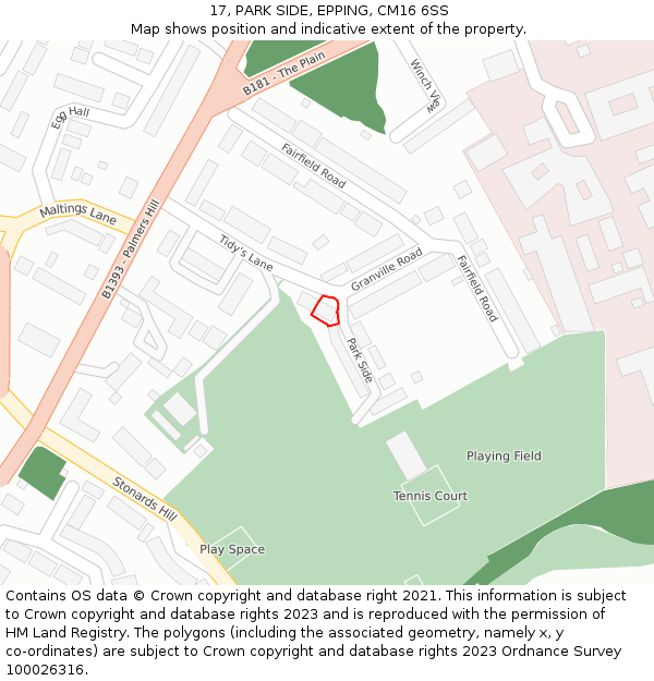 17, PARK SIDE, EPPING, CM16 6SS: Location map and indicative extent of plot