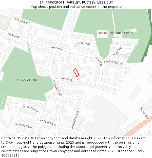 17, PARKCROFT, FARSLEY, PUDSEY, LS28 5UX: Location map and indicative extent of plot