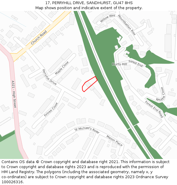 17, PERRYHILL DRIVE, SANDHURST, GU47 8HS: Location map and indicative extent of plot