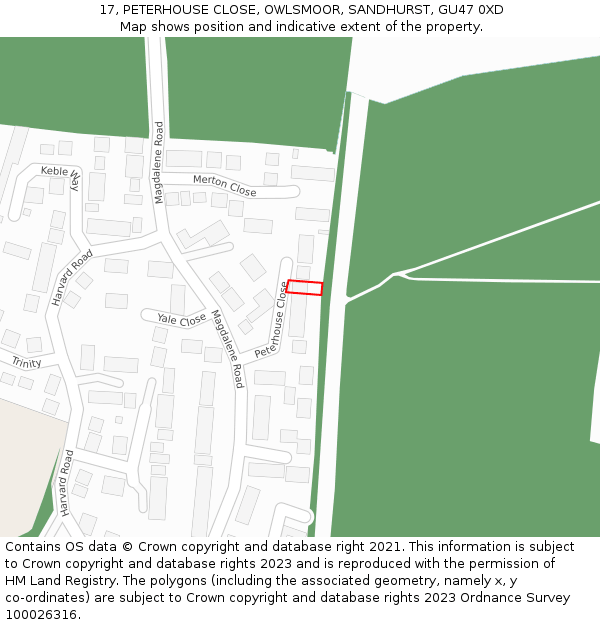 17, PETERHOUSE CLOSE, OWLSMOOR, SANDHURST, GU47 0XD: Location map and indicative extent of plot
