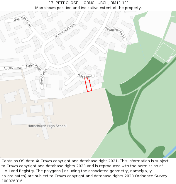17, PETT CLOSE, HORNCHURCH, RM11 1FF: Location map and indicative extent of plot