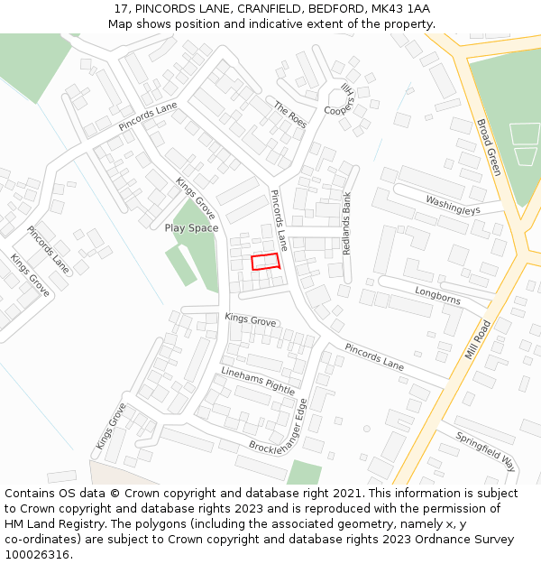 17, PINCORDS LANE, CRANFIELD, BEDFORD, MK43 1AA: Location map and indicative extent of plot