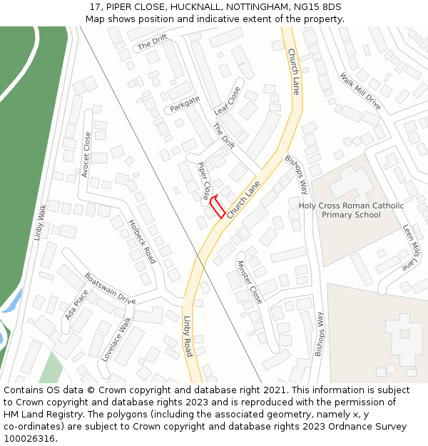17, PIPER CLOSE, HUCKNALL, NOTTINGHAM, NG15 8DS: Location map and indicative extent of plot