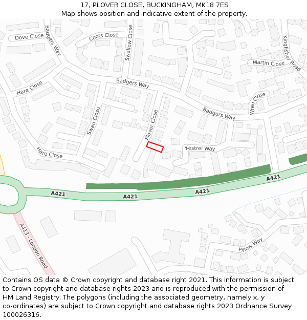 17, PLOVER CLOSE, BUCKINGHAM, MK18 7ES: Location map and indicative extent of plot