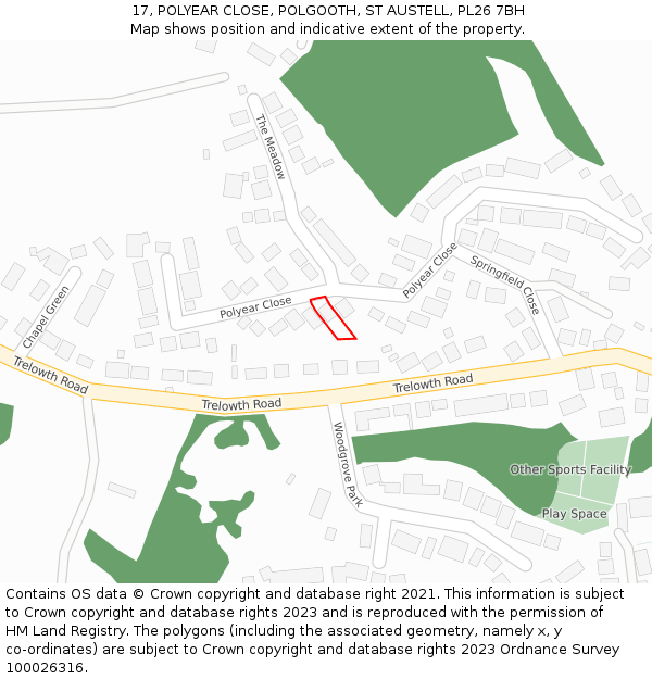 17, POLYEAR CLOSE, POLGOOTH, ST AUSTELL, PL26 7BH: Location map and indicative extent of plot