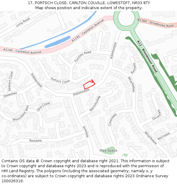 17, PORTSCH CLOSE, CARLTON COLVILLE, LOWESTOFT, NR33 8TY: Location map and indicative extent of plot