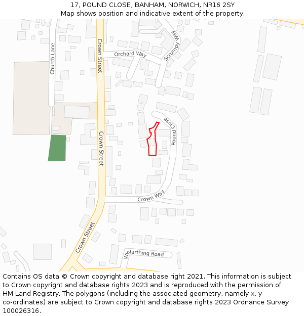 17, POUND CLOSE, BANHAM, NORWICH, NR16 2SY: Location map and indicative extent of plot
