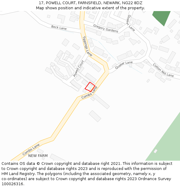 17, POWELL COURT, FARNSFIELD, NEWARK, NG22 8DZ: Location map and indicative extent of plot