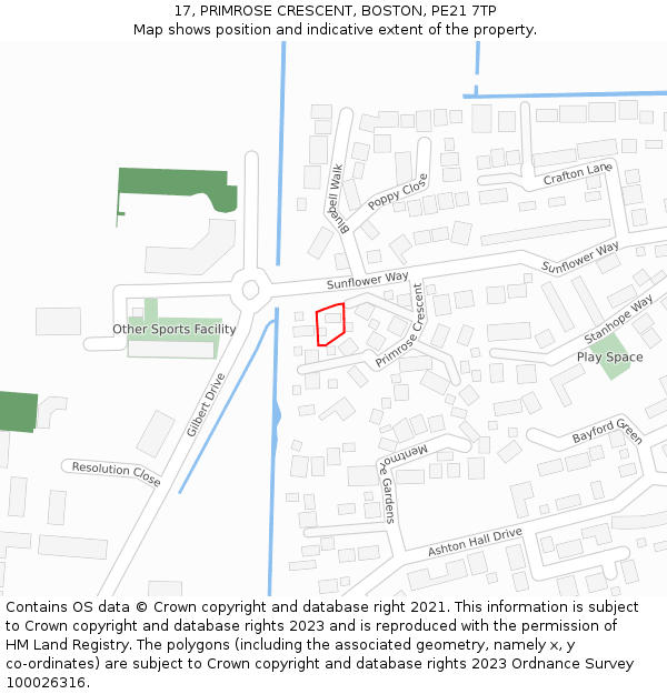 17, PRIMROSE CRESCENT, BOSTON, PE21 7TP: Location map and indicative extent of plot