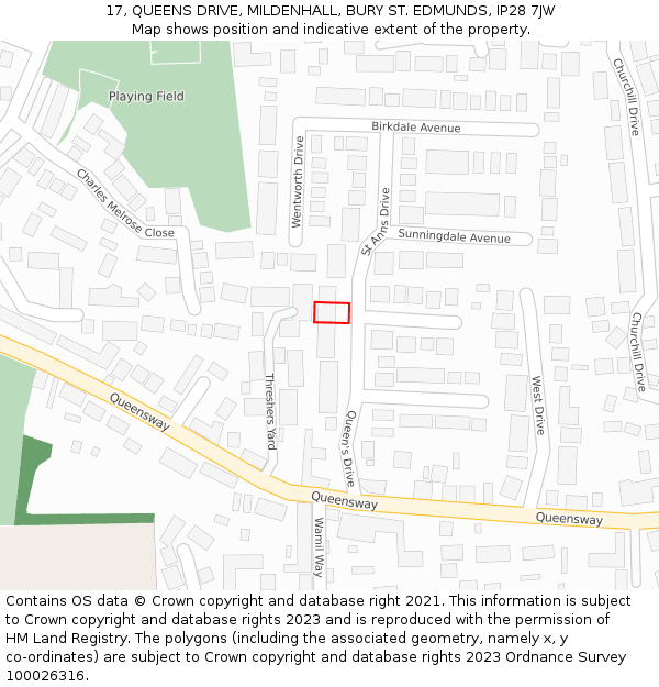 17, QUEENS DRIVE, MILDENHALL, BURY ST. EDMUNDS, IP28 7JW: Location map and indicative extent of plot