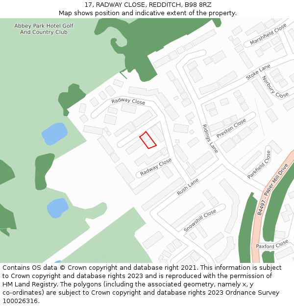 17, RADWAY CLOSE, REDDITCH, B98 8RZ: Location map and indicative extent of plot