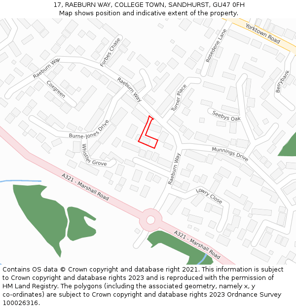 17, RAEBURN WAY, COLLEGE TOWN, SANDHURST, GU47 0FH: Location map and indicative extent of plot
