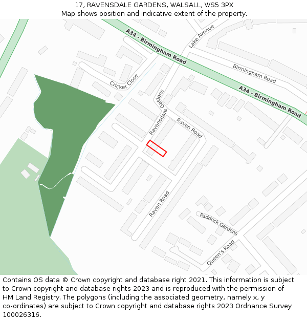 17, RAVENSDALE GARDENS, WALSALL, WS5 3PX: Location map and indicative extent of plot