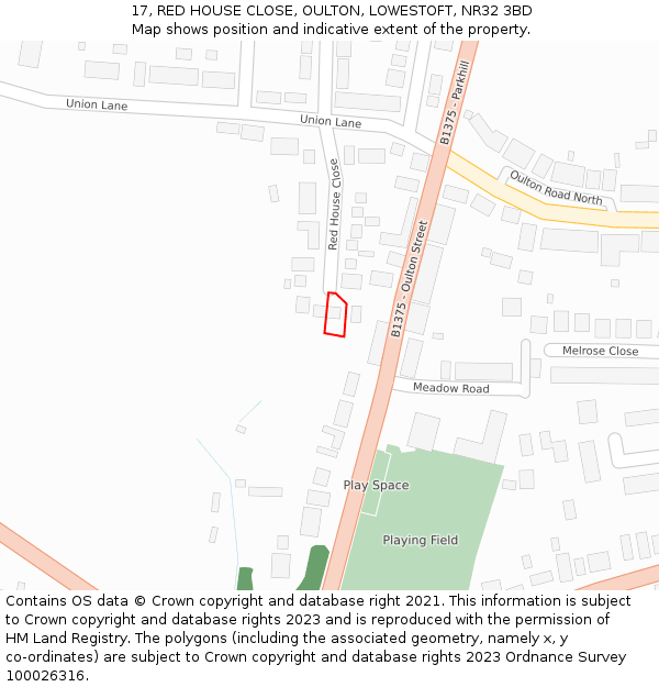 17, RED HOUSE CLOSE, OULTON, LOWESTOFT, NR32 3BD: Location map and indicative extent of plot