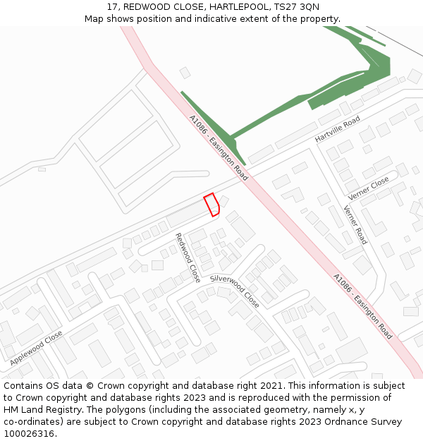17, REDWOOD CLOSE, HARTLEPOOL, TS27 3QN: Location map and indicative extent of plot
