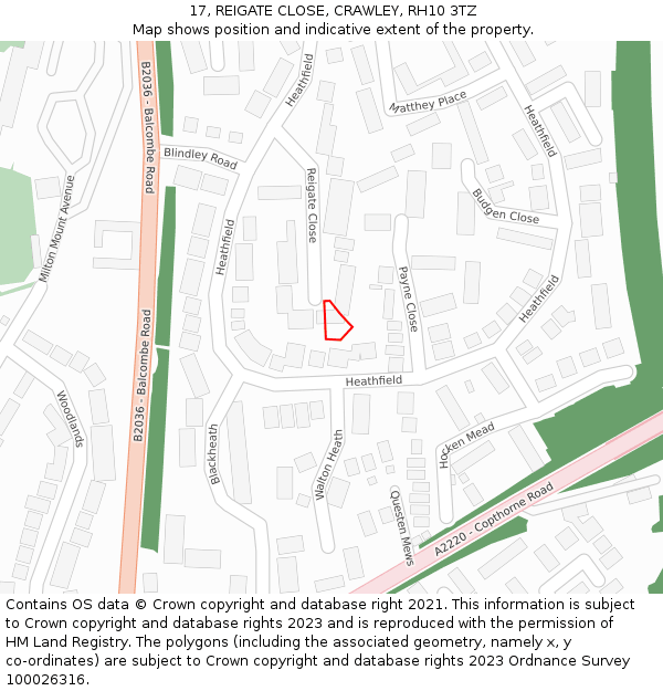 17, REIGATE CLOSE, CRAWLEY, RH10 3TZ: Location map and indicative extent of plot