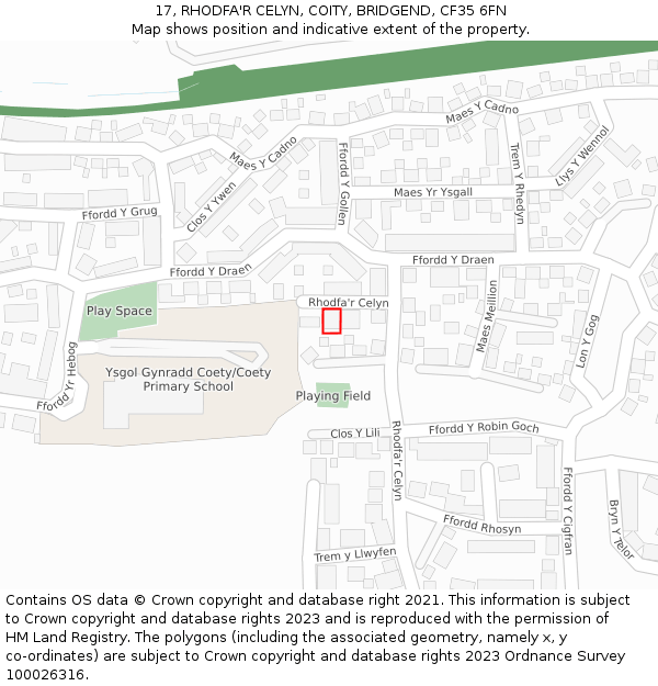 17, RHODFA'R CELYN, COITY, BRIDGEND, CF35 6FN: Location map and indicative extent of plot