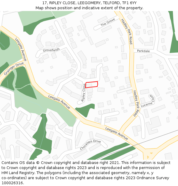 17, RIPLEY CLOSE, LEEGOMERY, TELFORD, TF1 6YY: Location map and indicative extent of plot
