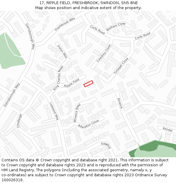 17, RIPPLE FIELD, FRESHBROOK, SWINDON, SN5 8NE: Location map and indicative extent of plot