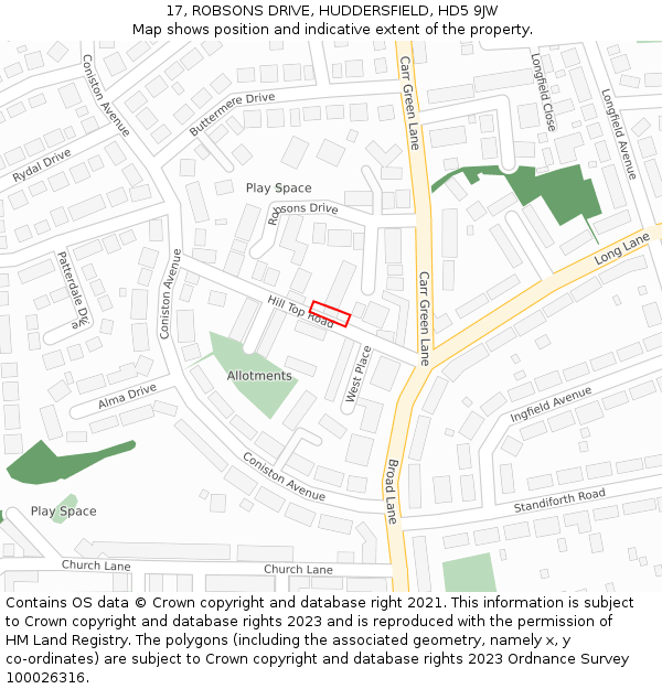 17, ROBSONS DRIVE, HUDDERSFIELD, HD5 9JW: Location map and indicative extent of plot