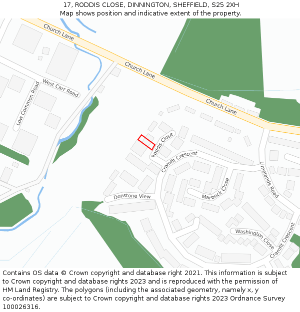 17, RODDIS CLOSE, DINNINGTON, SHEFFIELD, S25 2XH: Location map and indicative extent of plot