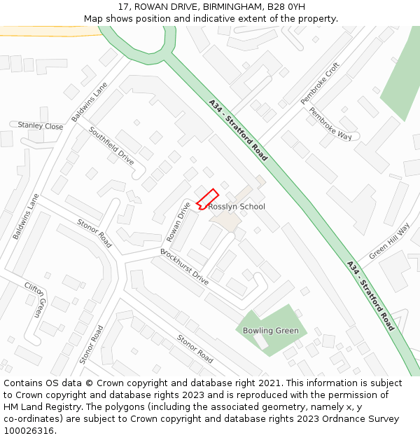 17, ROWAN DRIVE, BIRMINGHAM, B28 0YH: Location map and indicative extent of plot