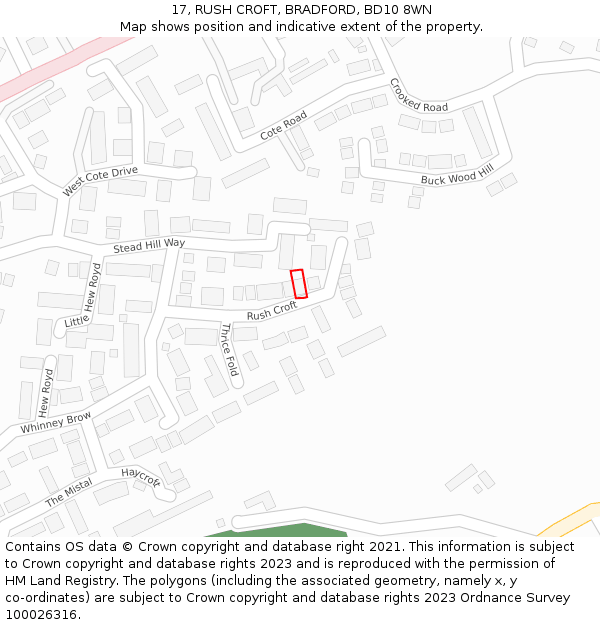 17, RUSH CROFT, BRADFORD, BD10 8WN: Location map and indicative extent of plot