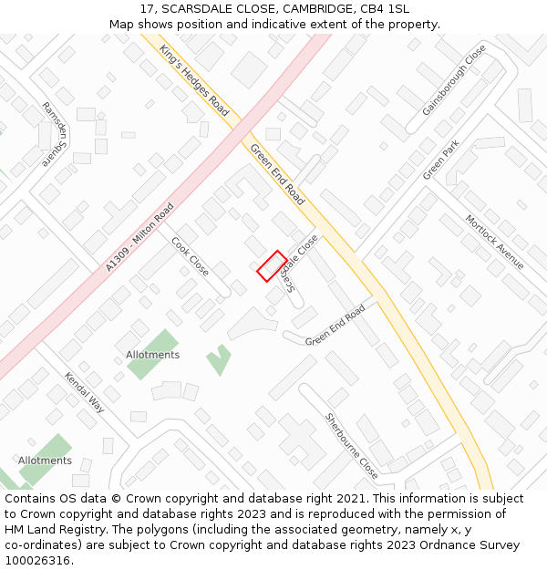 17, SCARSDALE CLOSE, CAMBRIDGE, CB4 1SL: Location map and indicative extent of plot