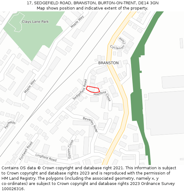 17, SEDGEFIELD ROAD, BRANSTON, BURTON-ON-TRENT, DE14 3GN: Location map and indicative extent of plot