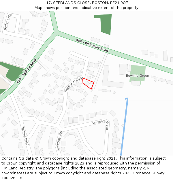 17, SEEDLANDS CLOSE, BOSTON, PE21 9QE: Location map and indicative extent of plot