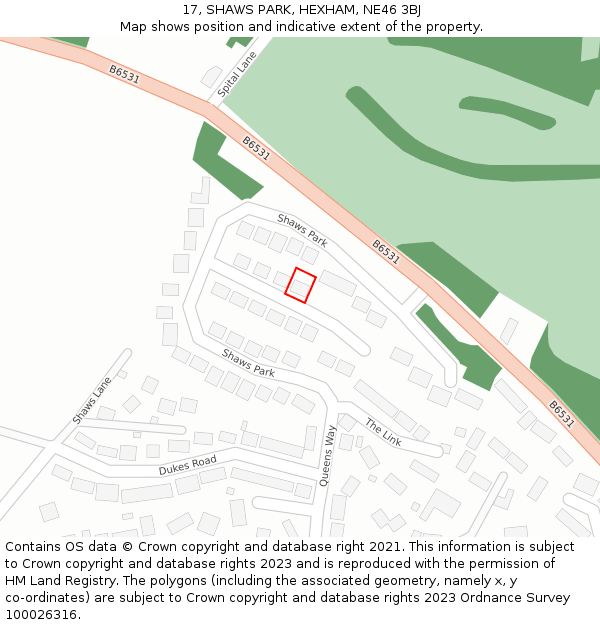 17, SHAWS PARK, HEXHAM, NE46 3BJ: Location map and indicative extent of plot