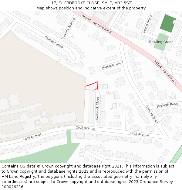 17, SHERBROOKE CLOSE, SALE, M33 5SZ: Location map and indicative extent of plot