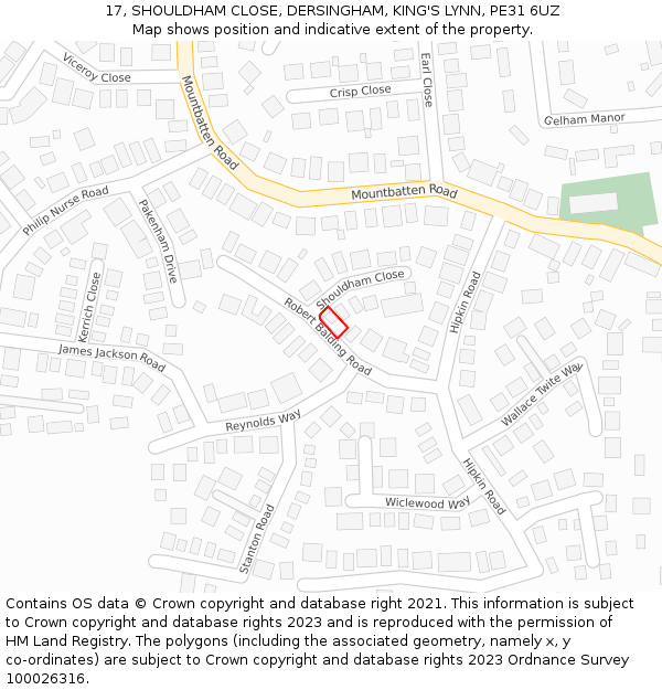 17, SHOULDHAM CLOSE, DERSINGHAM, KING'S LYNN, PE31 6UZ: Location map and indicative extent of plot