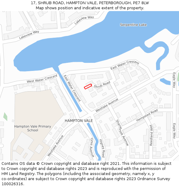 17, SHRUB ROAD, HAMPTON VALE, PETERBOROUGH, PE7 8LW: Location map and indicative extent of plot