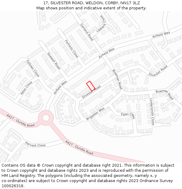 17, SILVESTER ROAD, WELDON, CORBY, NN17 3LZ: Location map and indicative extent of plot