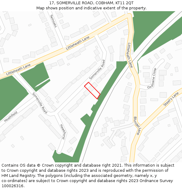 17, SOMERVILLE ROAD, COBHAM, KT11 2QT: Location map and indicative extent of plot