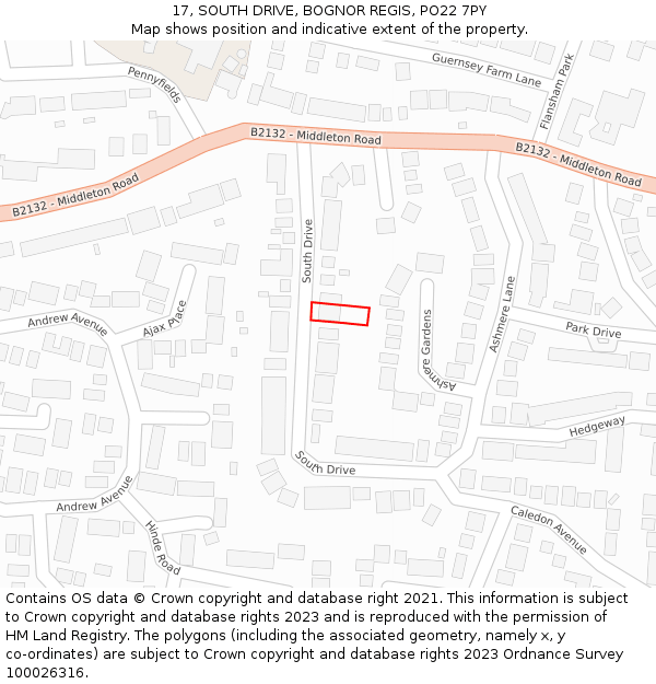 17, SOUTH DRIVE, BOGNOR REGIS, PO22 7PY: Location map and indicative extent of plot