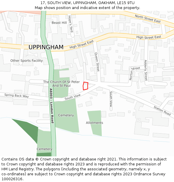 17, SOUTH VIEW, UPPINGHAM, OAKHAM, LE15 9TU: Location map and indicative extent of plot